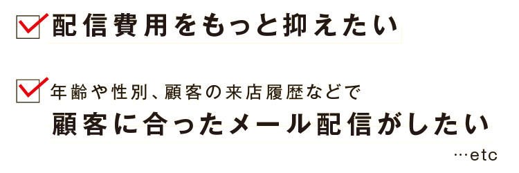 ・配信費用をもっと抑えたい　 ・年齢や性別、顧客の来店履歴などで顧客に合ったメール配信がしたい